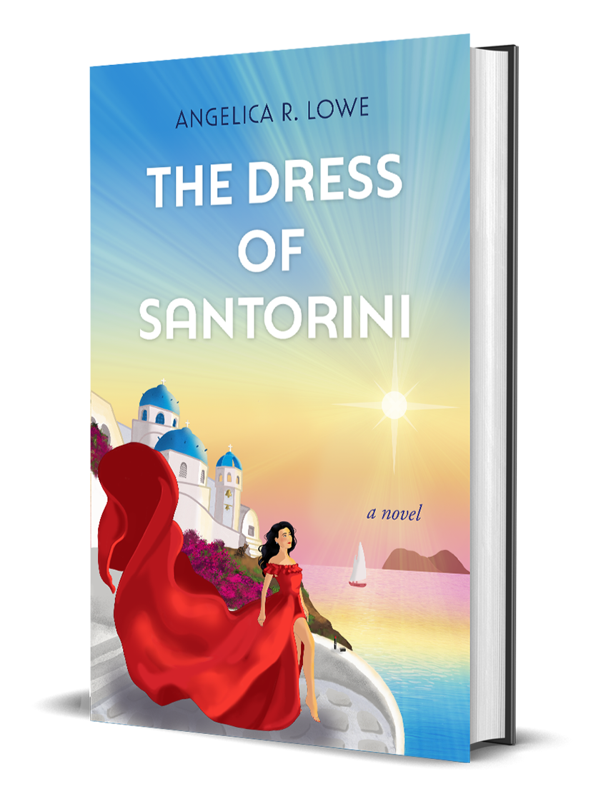 The image on the book cover is a woman in a red dress looking out to sea as the sun is setting.